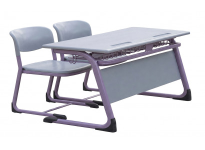 Moderne Schulbank mit zwei Stühlen und Ablage in Grau Violett Design