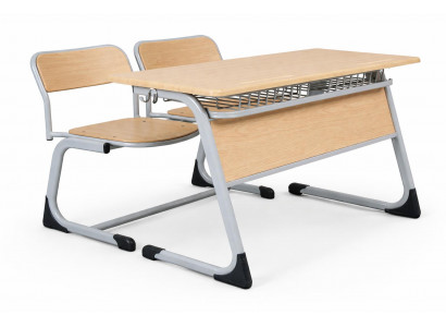 Moderne Schulbank mit Doppelstuhl und Ablage im stabilen Holzdesign