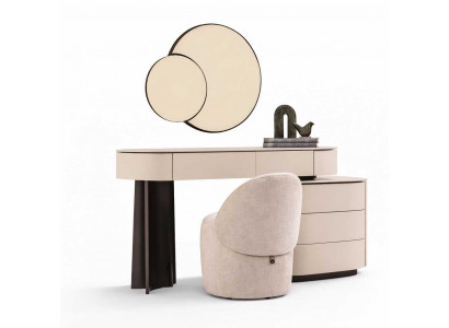 Designer Schminktisch Beige mit Spiegel und Hocker Modern Stil