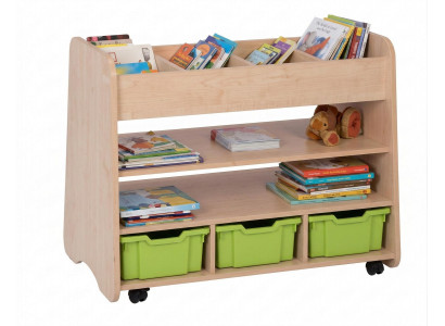 Bücherregal mit praktischen Aufbewahrungskisten und Rollen für Kinder