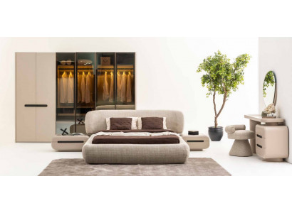 Beige Luxsus Bett Kleiderschrank mit Spiegel Kommode Tisch und Hocker