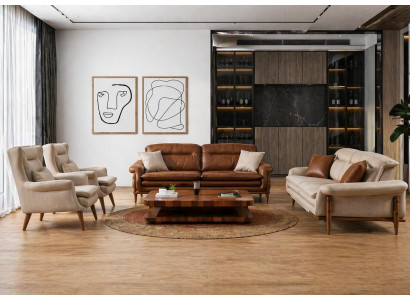 Polstergarnitur 3-Sitzer Sofa Sessel Modern Leder Braun Beige