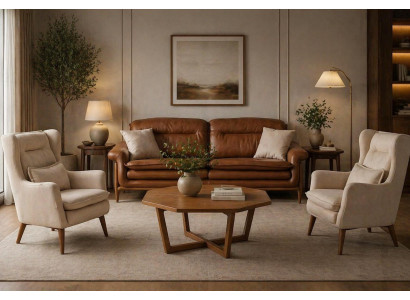 Polstergarnitur 3-Sitzer Sofa und Sessel in Braun und Beige Leder 3tlg