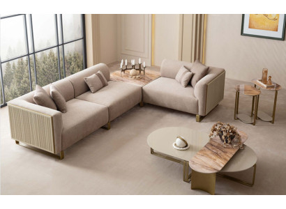 Elegante Wohnzimmergarnitur: Ecksofa Couchtisch und Beistelltische