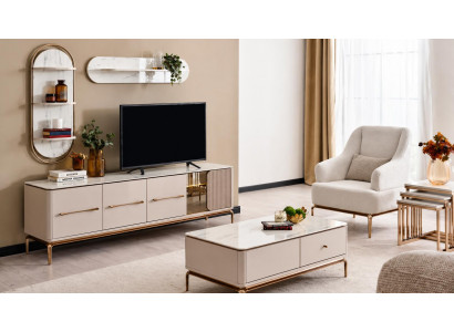 Modisches Möbelset: TV-Lowboard, Couchtisch, Beistelltisch, 2 Regale