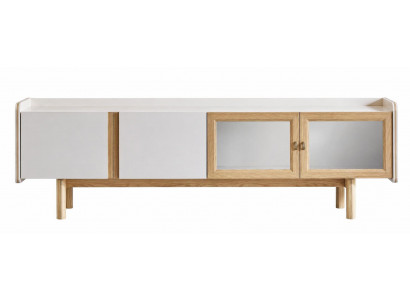 Moderne TV-Kommode mit Glasfronten und Holzbeinen in eleganter Optik