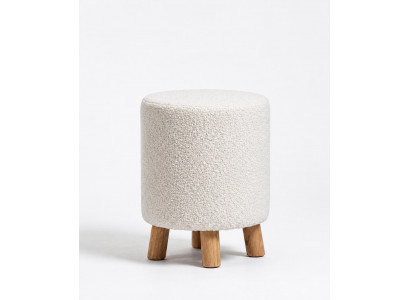 Skandinavischer Bouclé-Hocker mit Holzbeinen, weich und modern