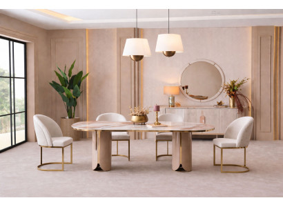 Großes beiges Esszimmer-Set Esstisch Stühle Sideboard Spiegel Esszimmermöbel