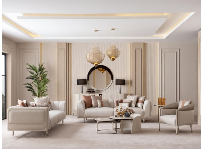 Beiges Wohnzimmer-Set 3-Sitzer-Sofas Sessel Couchtisch Beistelltisch Spiegel