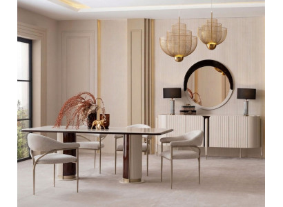 Luxuriöses beiges Esszimmer-Set Esstisch Stühle Sideboard Spiegel modern