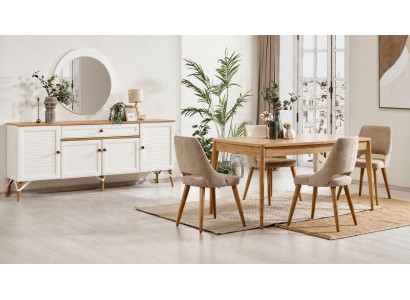 Eleganter Esszimmer Set mit Tisch, 4 Stühlen, Sideboard und Spiegel