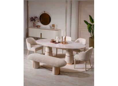 Beiges Esszimmer-Set Esstisch Stühle bank Sideboard Spiegel Esszimmermöbel