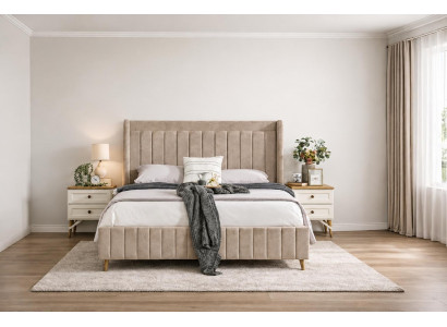 Elegantes Schlafzimmer-Set mit gepolsterem Bett und zwei Nachttischen