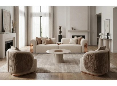 Beiges Wohnzimmer-Set 3-Sitzer-Sofa Sessel Couchtisch Wohnzimmermöbel