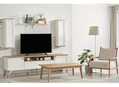Modernes Set aus TV-Lowboard, Couchtisch und 2 Wandregalen im Stil