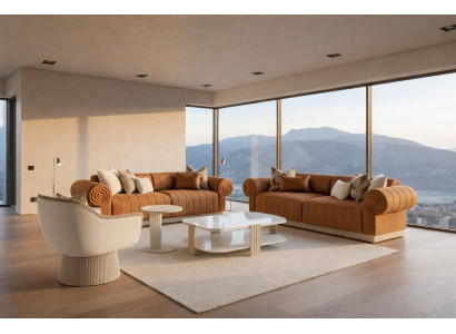 Braun-weißes Wohnzimmer-Set 3-Sitzer-Sofas Sessel Couchtisch Beistelltisch