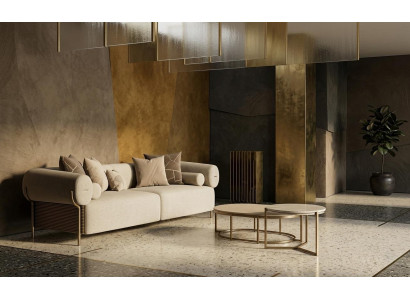 Luxuriöses beiges Wohnzimmer-Set weiches 3-Sitzer-Sofa rechteckiger Couchtisch