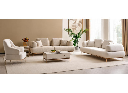Beige Sofaset mit 2 Sofas und 1 Sessel, Elegante Goldene Metallbeine