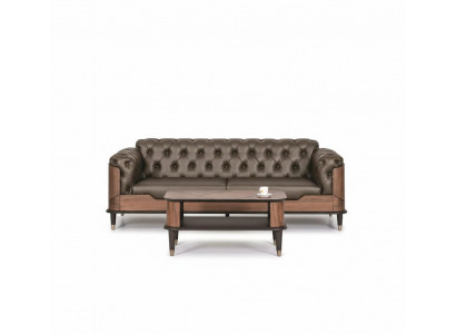 Stilvoller Brauner Chesterfield 3-Sitzer Robuster Couchtisch 2tlg