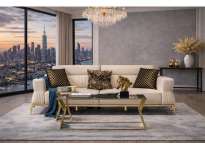 Luxuriöser Beiger 3-Sitzer Edle Goldfüße Wohnzimmer Polstercouch