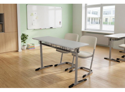 Stabiler Doppel-Schultisch mit 2 Stühlen Grau Modern Klassenzimmer