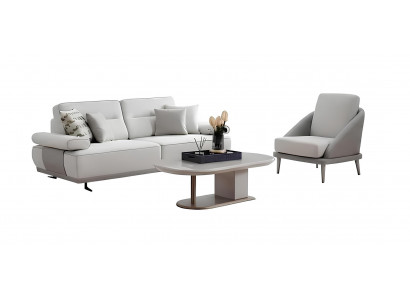 Wohnzimmer-Set Sofa Sessel Couchtisch Weiß Moderner Stil Holzplatte