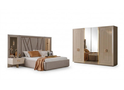 Schlafzimmer-Set Nachttisch Bett Kleiderschrank Beige Moderner Stil Neu