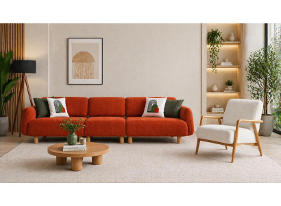 Polstergarnitur 4-Sitzer Sofa Sessel Modern Stoff Orange Beige