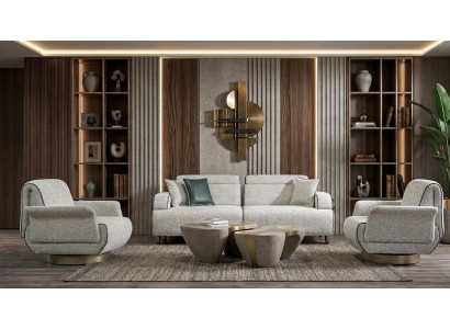 Dreisitzer Sofa Stoffbezug Holzgestell Einzelsessel Mittlere Härte