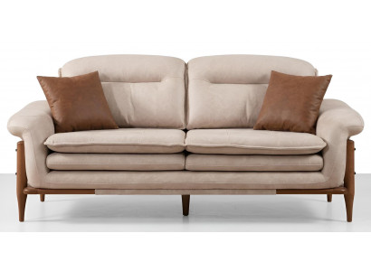 3-Sitzer Sofa Weich Leder Beige Modern Bequem Holzelemente Stilvoll
