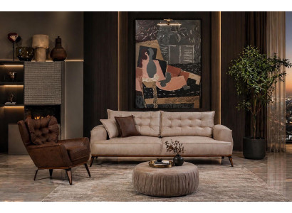 Polstergarnitur 3Sitzer-Sofa Sessel Leder Modern Beige Braun Kissen