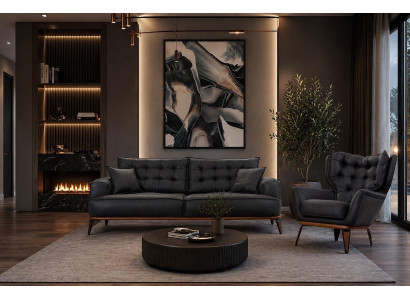 Polstergarnitur 3Sitzer-Sofa Sessel Leder Modern Dunkelblau Kissen Neu