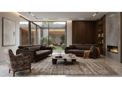 Polstergarnitur 3-Sitzer sofa Leder Braun Modern Kissen Akzent Sessel