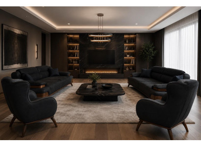 Polstergarnitur 3 Sitzer sofa Leder Schwarz Kissen Sessel Modern Neu