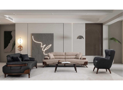 Polstergarnitur 3 Sitzer sofa Leder Beige Kissen Sessel Schwarz Modern