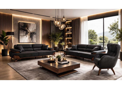 Polstergarnitur 3 Sitzer sofa Leder Kissen Sessel Schwarz Modern Neu