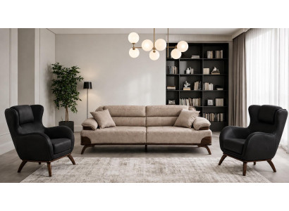 Polstergarnitur 3 Sitzer sofa Leder Beige Kissen Sessel Schwarz Modern