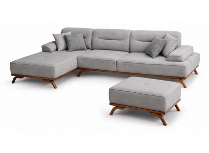 Polstergarnitur Ecksofa L-Form Pouf Modular Grau Kissen Modern Elegant