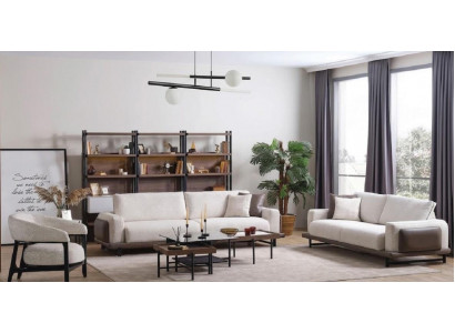 Wohnzimmer-Set: 4-Sitzer Sofa, Sessel & 3er Couchtisch-Set Weiß