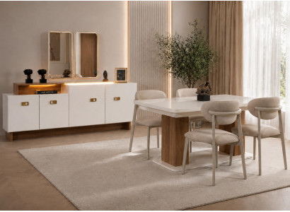 Elegantes Weißes Esszimmer Set Holztisch 4x Polsterstühle Sideboard