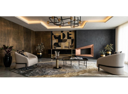 Beige-schwarzes Wohnzimmer-Set zwei Sessel Couchtisch Beistelltisch