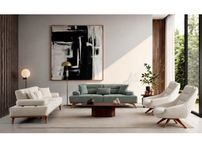 Polstergarnitur 3Sitzer sofa Sessel Stoff Kissen Weiß Grün Modern Neu