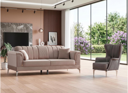 Sofa Set 1x 3-Sitzer 1x Sessel Modern Rosa Grau Luxus Couch Garnitur