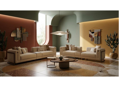 Großes beiges Wohnzimmer-Set 2 x 4-Sitzer-Sofas Couchtisch Beistelltisch