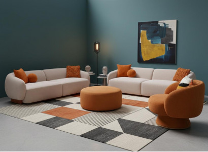 Stilvolles beiges Wohnzimmer-Set 3+3+1-Sitzer-Sofas, Hocker Polstermöbel