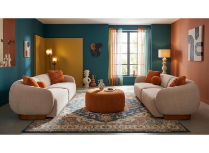 Beiges Wohnzimmer-Set 3+3-Sitzer-Sofas runder Hocker Polstersofas Modern