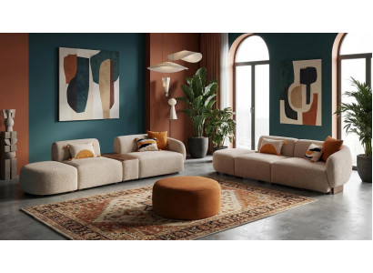 Elegantes Wohnzimmer-Set 4+4-Sitzer-Sofas Hocker beigefarbene Textilien