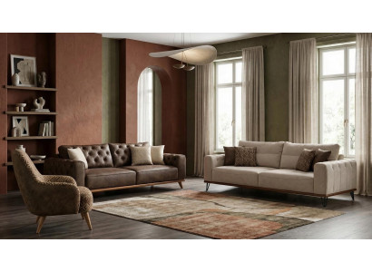 Beige-braunes Wohnzimmer-Set 3+3-Sitzer-Sofas Sessel Wohnzimmermöbel