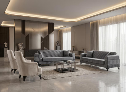Sofa Set 2x 3-Sitzer 2x Sessel Modern Grau Beige Luxus Samt Garnitur