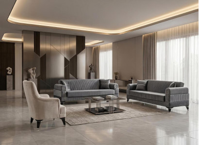 Sofa Set 2x 3-Sitzer 1x Sessel Modern Grau Beige Samt Luxus Garnitur